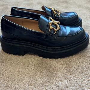 Sam Edelman Black Loafers with Gold Chain Detail